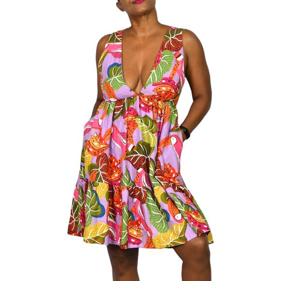 House of Harlow Tropical Print Linen Dress Purple Toucan Open Back Halter XS - Picture 11 of 15